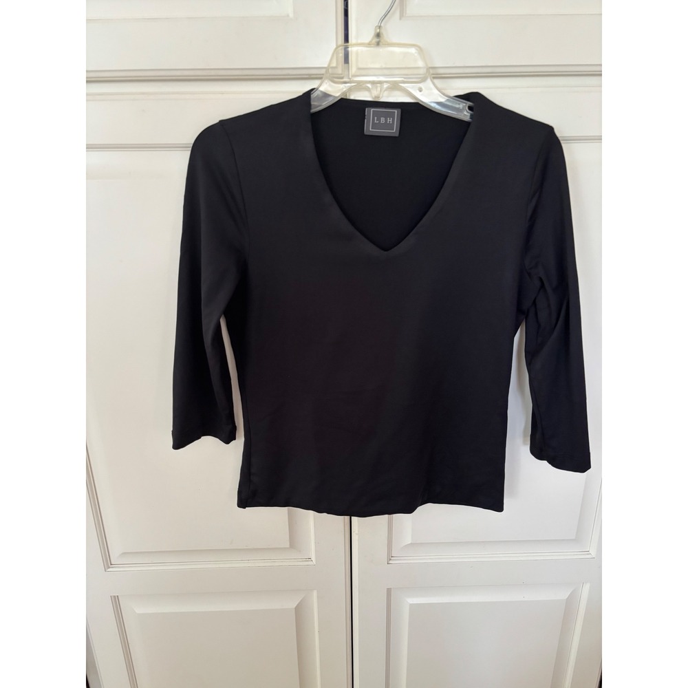 LBH Womens Black V-Neck 3/4 Sleeve Tactel Nylon Spandex Athletic Top Size S